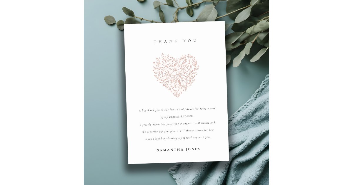 Minimal Dusky Blush Floral Heart Bridal Shower Thank You Card | Zazzle
