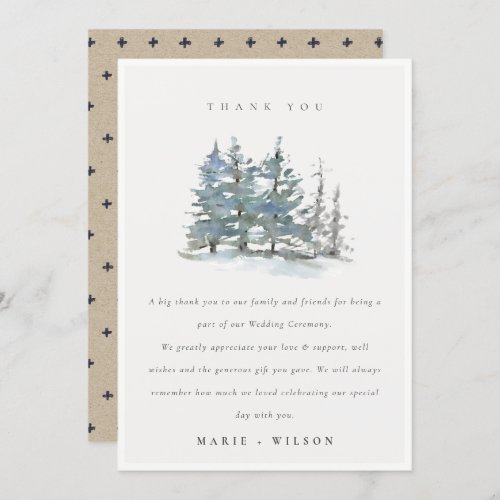 Minimal Dusky Green Blue Pine Tree Woods Wedding  Thank You Card