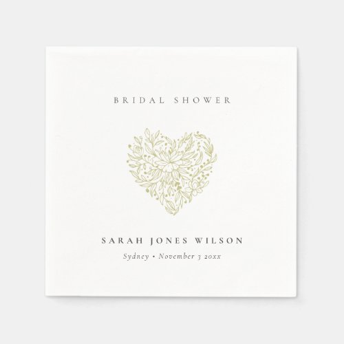 Minimal Dusky Green Floral Heart Bridal Shower Napkins