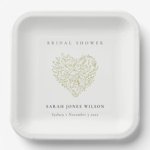 Minimal Dusky Green Floral Heart Bridal Shower Paper Plates