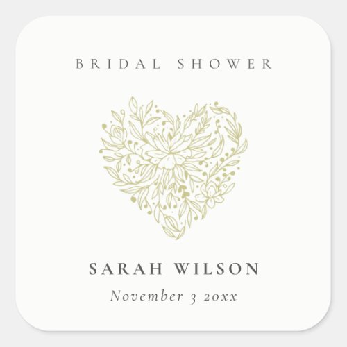 Minimal Dusky Green Floral Heart Bridal Shower Square Sticker