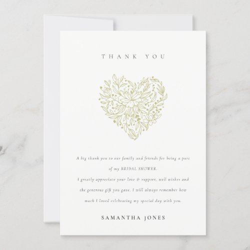 Minimal Dusky Green Floral Heart Bridal Shower Thank You Card