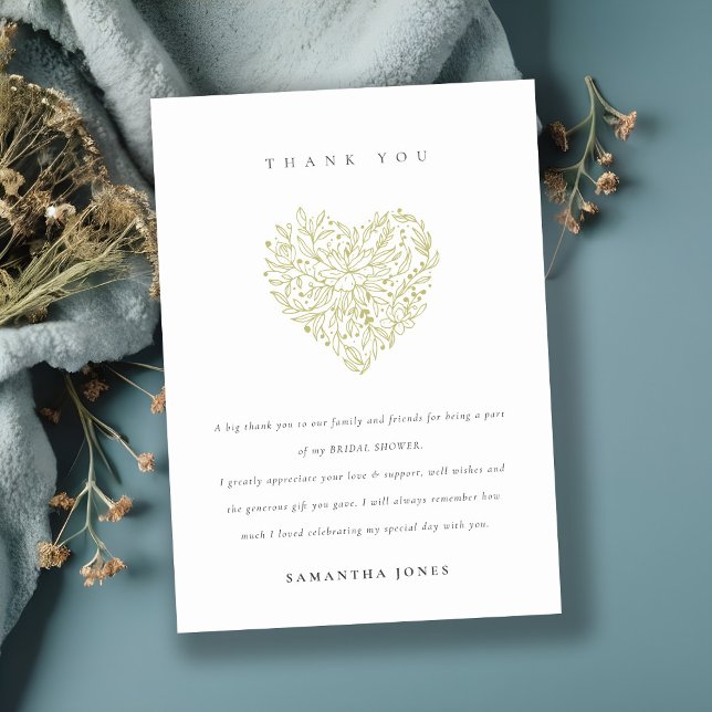 Minimal Dusky Green Floral Heart Bridal Shower Thank You Card (Creator Uploaded)