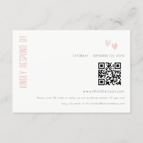 Minimal Dusky Pink Hearts Wedding RSVP QR Code Enclosure Card