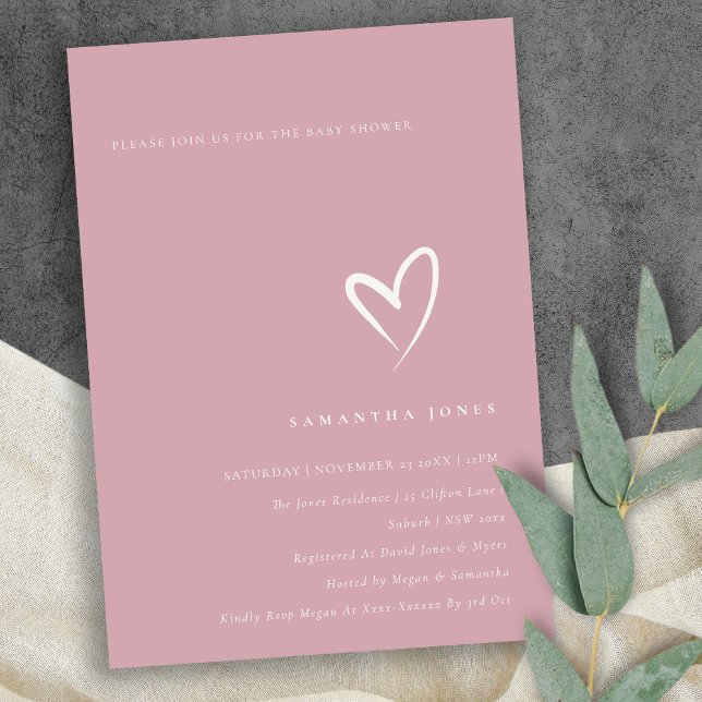 Minimal Dusky Rose Pink Heart Baby Shower Invite (Creator Uploaded)