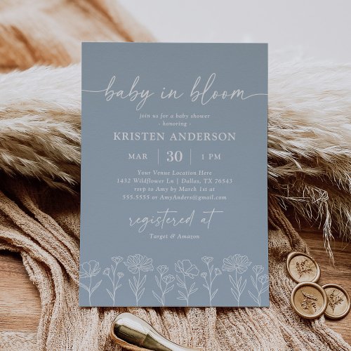 Minimal Dusty Blue Boho Wildflower Baby Shower Invitation