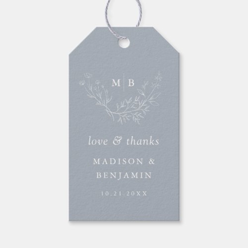 Minimal Dusty Blue Botanical Monogram Wedding Gift Tags