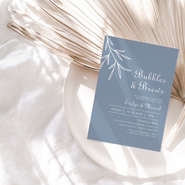 Minimal Dusty Blue Bubbles & Brews Bridal shower  Invitation (Creator Uploaded)