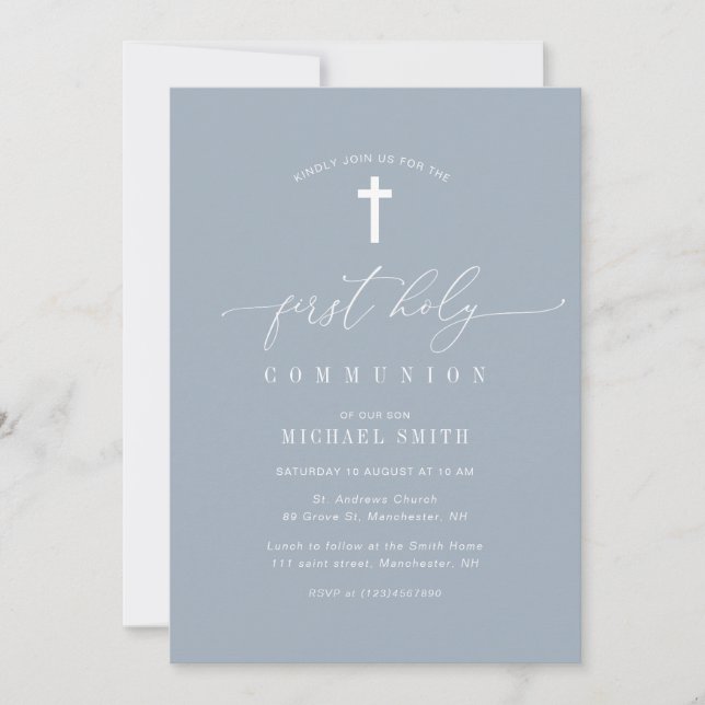 minimal dusty blue first holy communion invitation (Front)