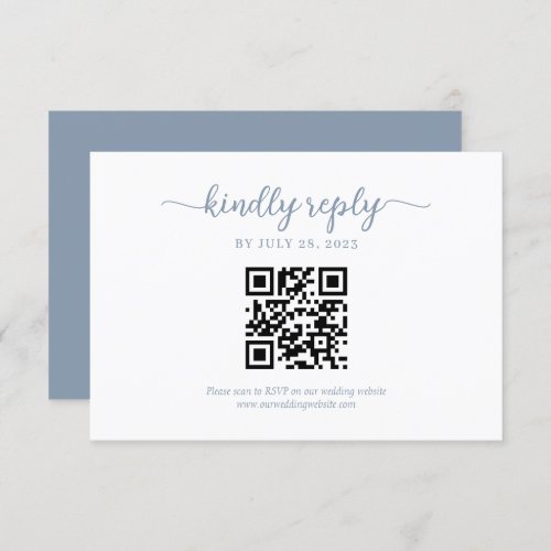 Minimal Dusty Blue Floral Monogram QR Code Wedding RSVP Card