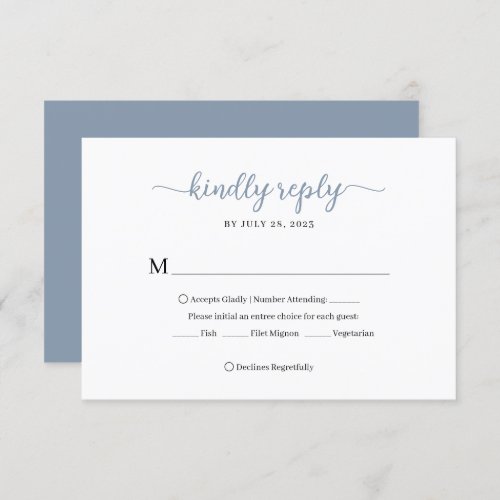 Minimal Dusty Blue Floral Monogram Wedding RSVP Card