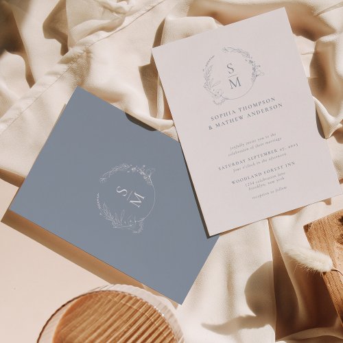 Minimal Dusty Blue Floral Wreath Monogram Wedding Invitation