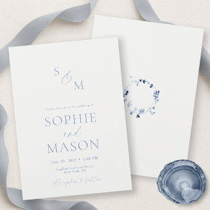 Minimal Dusty Blue Floral Wreath Wedding Invitation