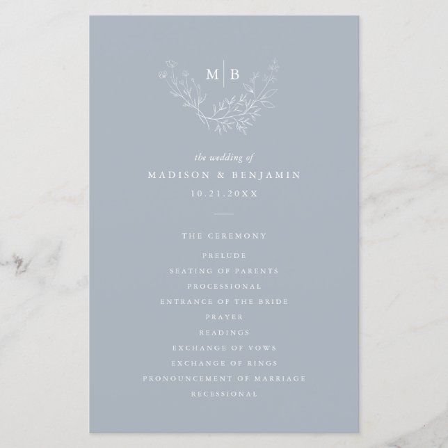 Minimal Dusty Blue Formal Monogram Wedding Program (Front)