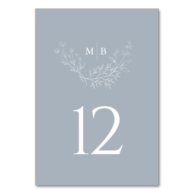 Minimal Dusty Blue Formal Monogram Wedding Table Number (Front)