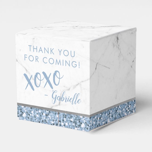 Minimal Dusty Blue Glitter Marble xoxo Favor Box (Front Side)