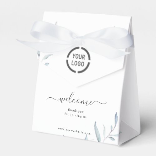 Minimal dusty blue greenery business logo welcome favor boxes