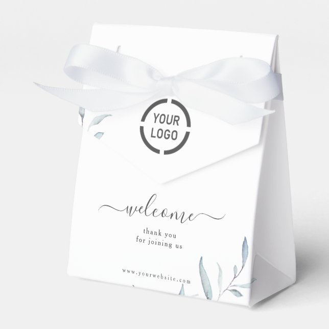 Minimal dusty blue greenery business logo welcome favor boxes (Front Side)