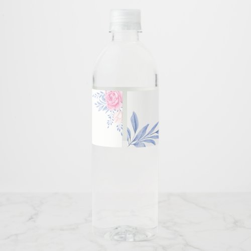 Minimal Dusty Blue Leaves Blush Pink Rose Wedding Water Bottle Label