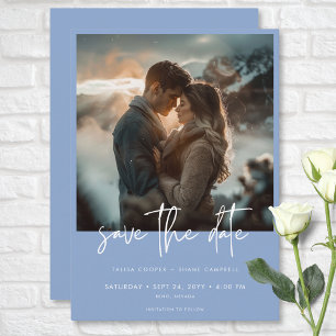 Minimal Dusty Blue Modern Photo Wedding Save The Date