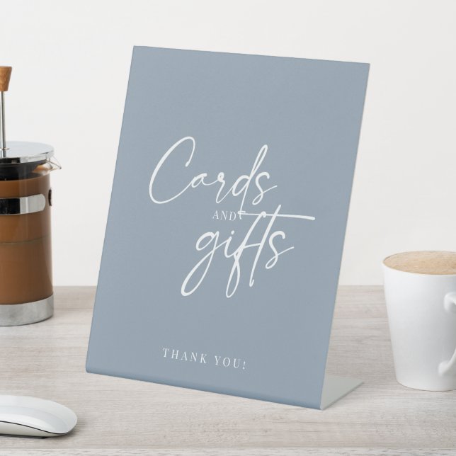 Minimal Dusty Blue Modern Script Cards and Gifts Pedestal Sign (In SItu)