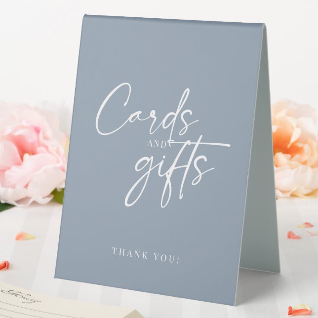 Minimal Dusty Blue Modern Script Cards and Gifts Table Tent (In SItu (Wedding))