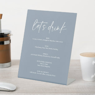 Minimal Dusty Blue Modern Wedding Drink Bar Menu Pedestal Sign