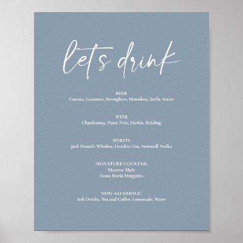 Minimal Dusty Blue Modern Wedding Drink Bar Menu Poster