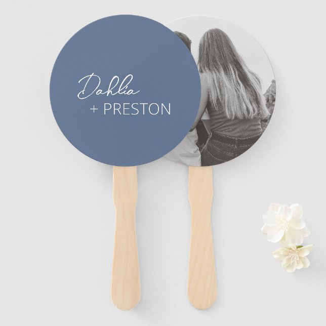 Minimal Dusty Blue Modern Wedding Hand Fan (Front and Back)