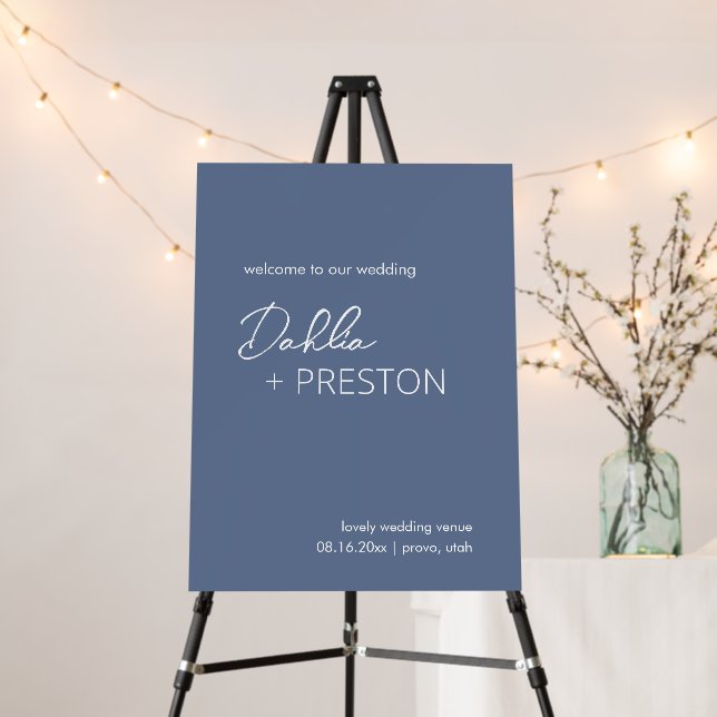 Minimal Dusty Blue Modern Wedding Welcome Sign (In Situ (Stand))