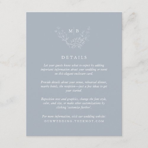 Minimal Dusty Blue Monogram Wedding Details Enclosure Card
