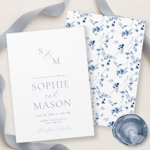 Minimal Dusty Blue Monogram Wedding Invitation