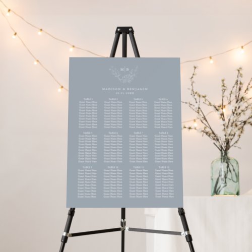 Minimal Dusty Blue Monogram Wedding Seating Chart Foam Board