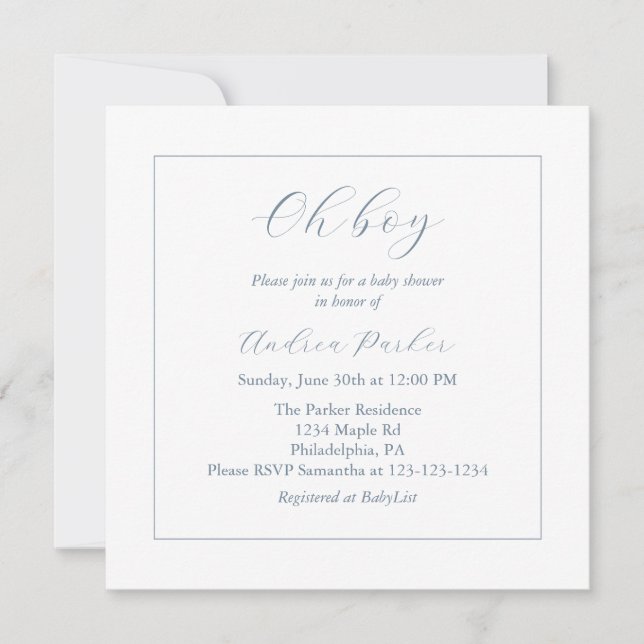 Minimal Dusty Blue Oh Boy Baby Shower Invitation (Front)