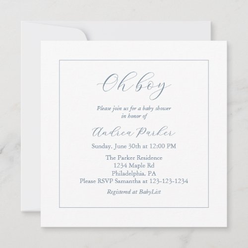 Minimal Dusty Blue Oh Boy Baby Shower Invitation