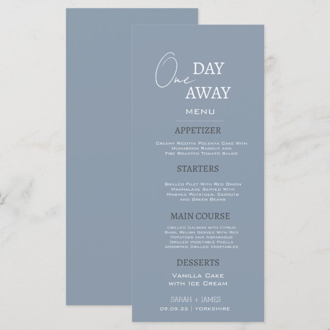 Minimal Dusty Blue One Day Away Rehearsal Dinner Menu (Front/Back)