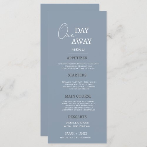 Minimal Dusty Blue One Day Away Rehearsal Dinner Menu