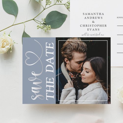 Minimal Dusty Blue Photo  Heart Save the Date  An Announcement Postcard