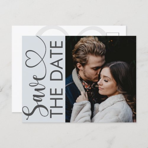 Minimal Dusty Blue Photo  Heart Save the Date  An Announcement Postcard