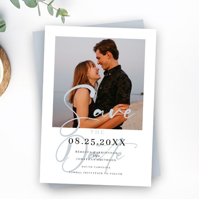Minimal Dusty Blue Photo Wedding Save The Date (Creator Uploaded)