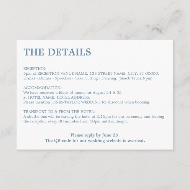 Minimal Dusty Blue QR Code Wedding Details Enclosure Card (Front)