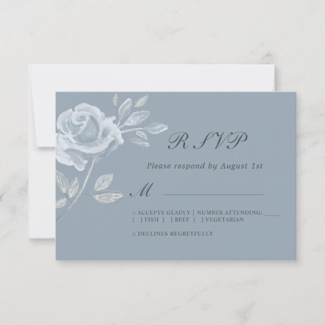 Minimal Dusty Blue Rose Wedding RSVP Card (Front)