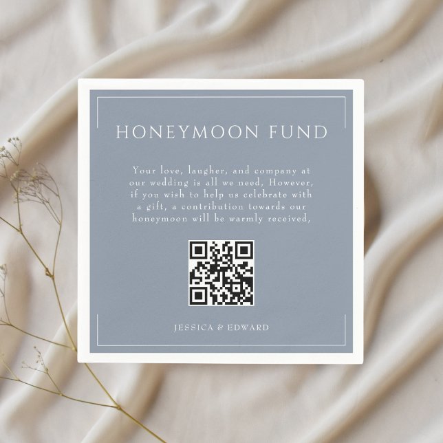 Minimal Dusty Blue Wedding Honeymoon Fund QR Code Napkins (Creator Uploaded)