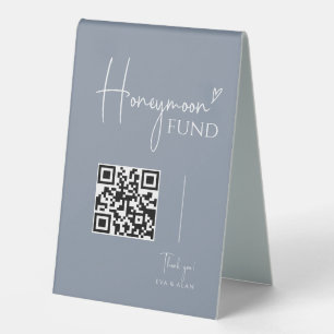 Minimal Dusty Blue Wedding Honeymoon Fund QR Code Table Tent