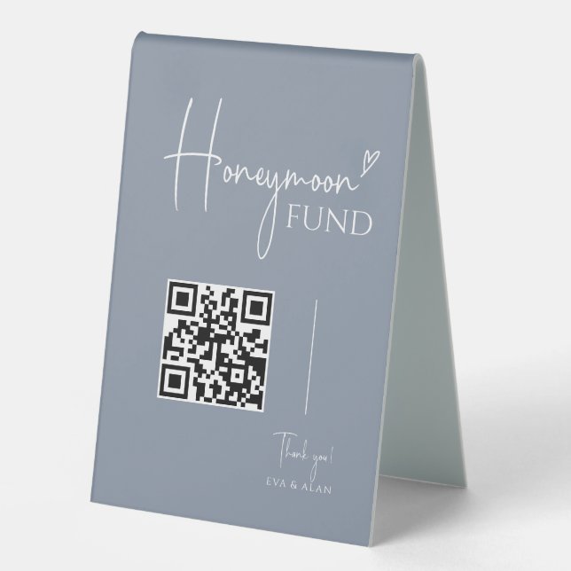 Minimal Dusty Blue Wedding Honeymoon Fund QR Code Table Tent (Front)