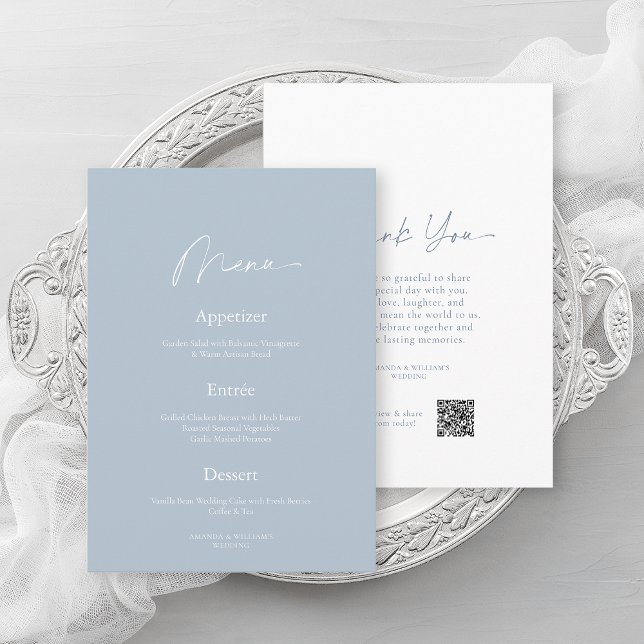 Minimal Dusty Blue Wedding Menu & Thank You Card (Creator Uploaded)