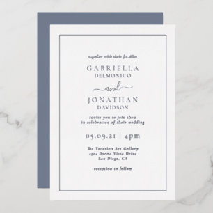 Minimal Dusty Blue Wedding Silver Foil Invitation