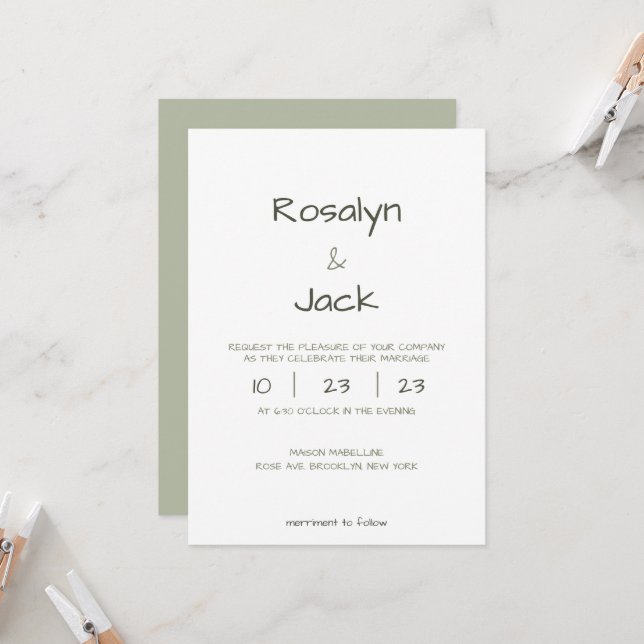 Minimal Dusty Green Casual Handwriting Wedding Invitation (Front/Back In Situ)