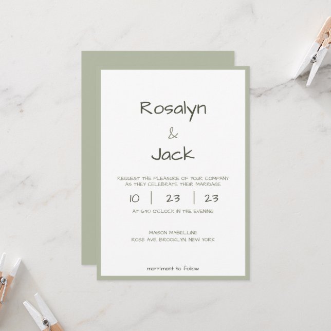 Minimal Dusty Green Casual Handwriting Wedding Invitation (Front/Back In Situ)