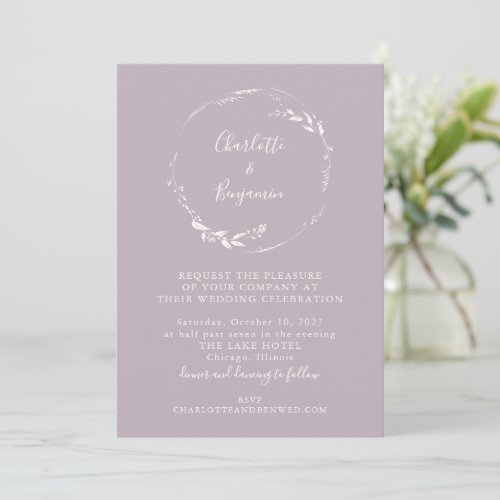 Minimal Dusty Lilac Floral Wreath Script Wedding Invitation